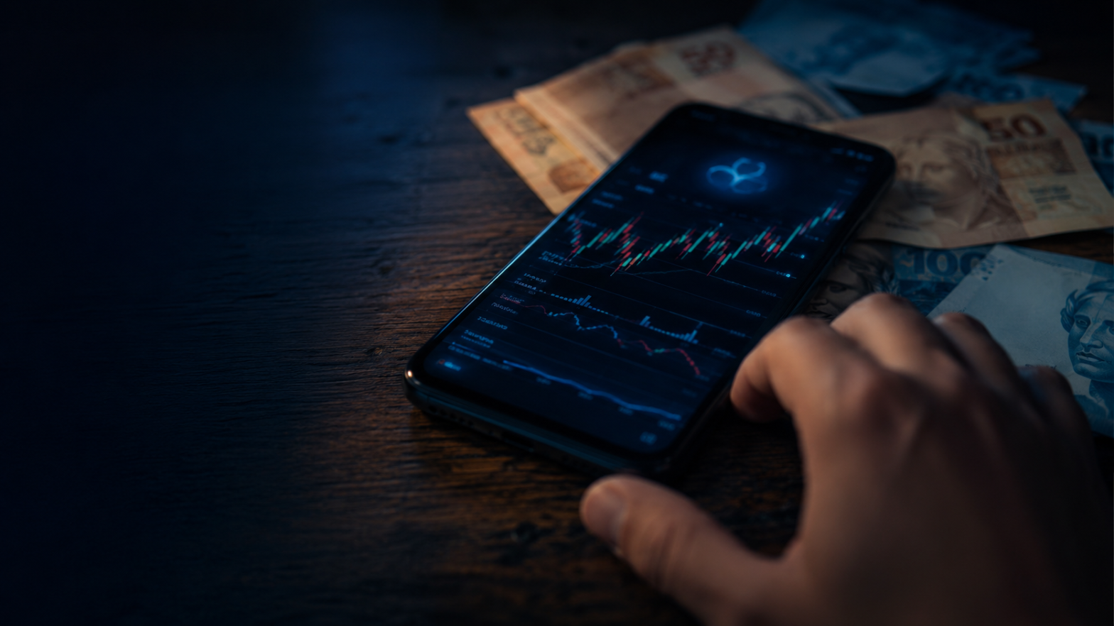 Celular exibindo painel fictício de negociação e cédulas de Real, ilustrando golpe de investimento da Fianzo em Forex com falsa inteligência artificial