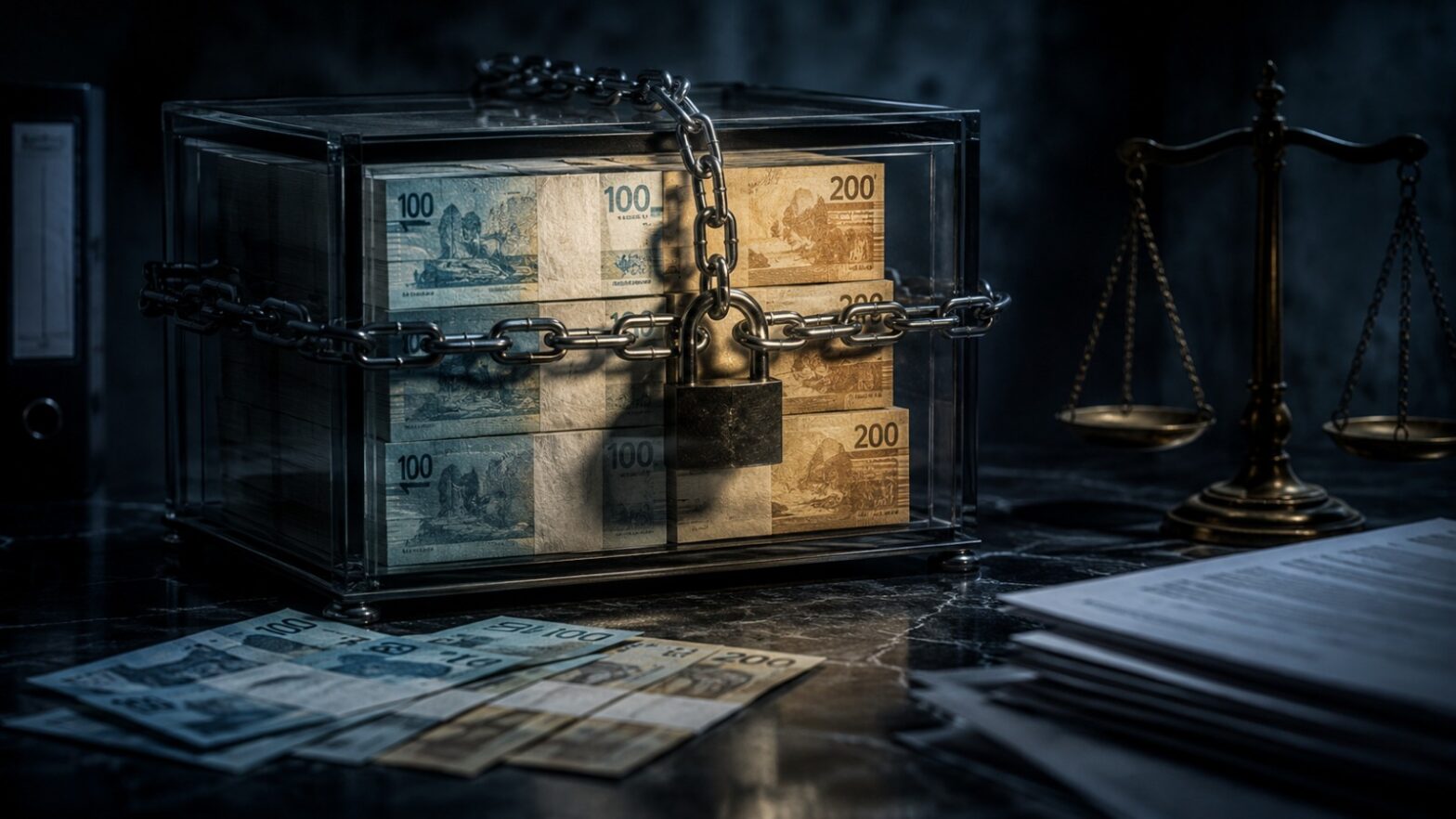Cofre de vidro acorrentado com notas de real e balança da justiça, simbolizando resgates financeiros suspensos.
