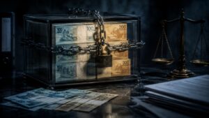 Cofre de vidro acorrentado com notas de real e balança da justiça, simbolizando resgates financeiros suspensos.