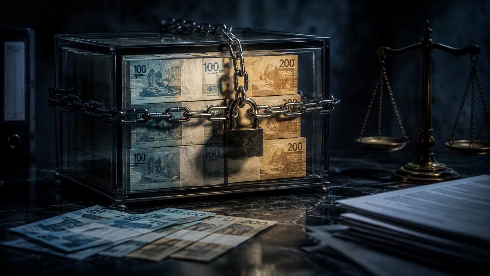 Cofre de vidro acorrentado com notas de real e balança da justiça, simbolizando resgates financeiros suspensos.