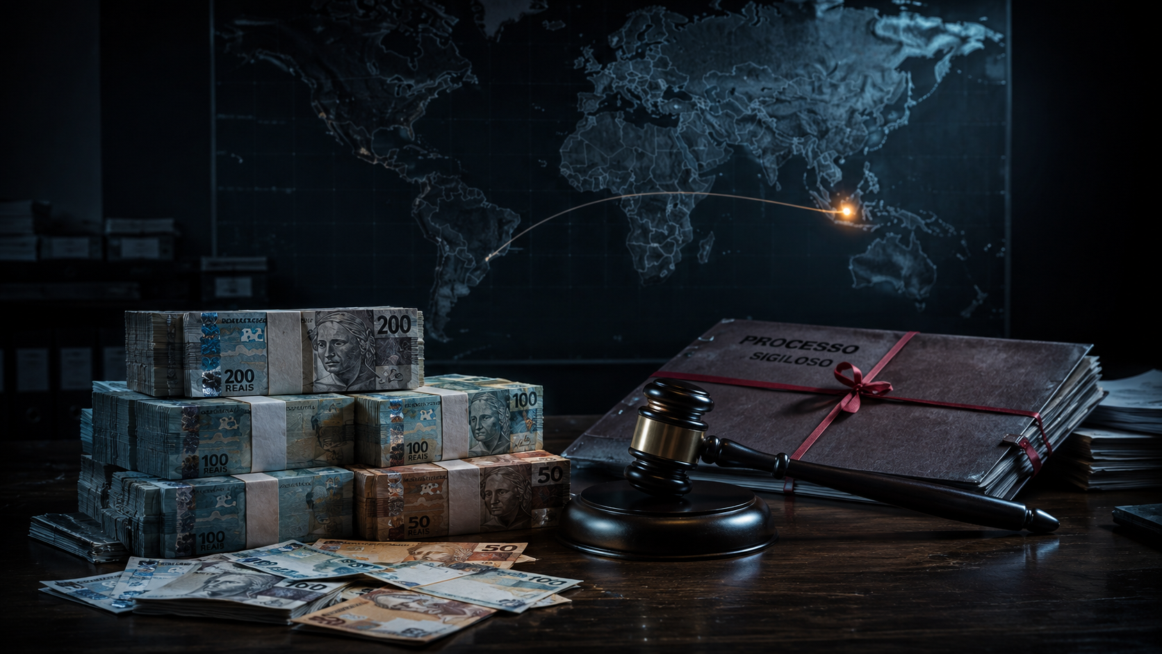 Notas de real, martelo judicial e processo sobre mesa com mapa indicando fluxo internacional de capital