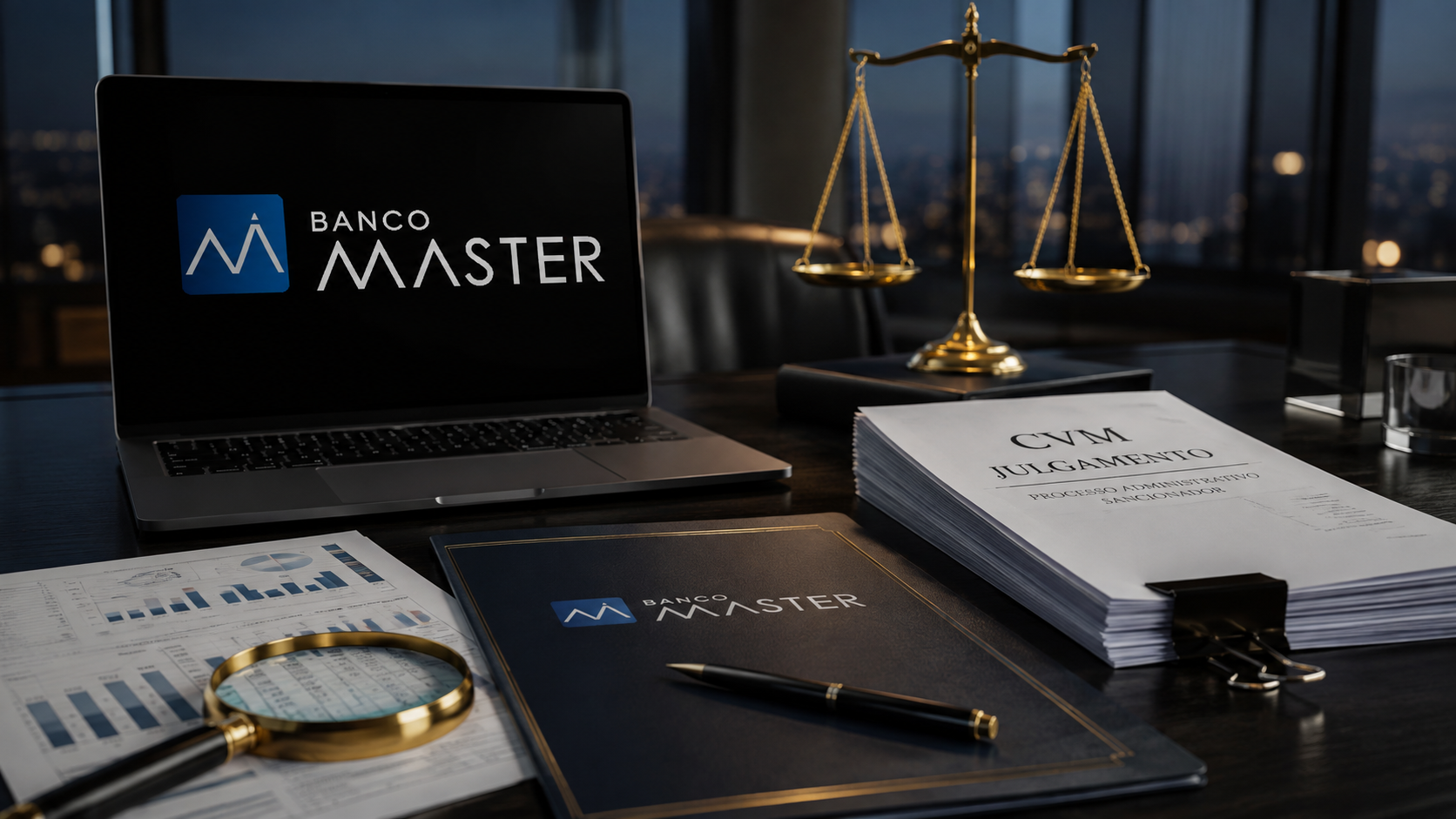 Banco Master em contexto de julgamento na CVM, com documentos financeiros e balança da Justiça