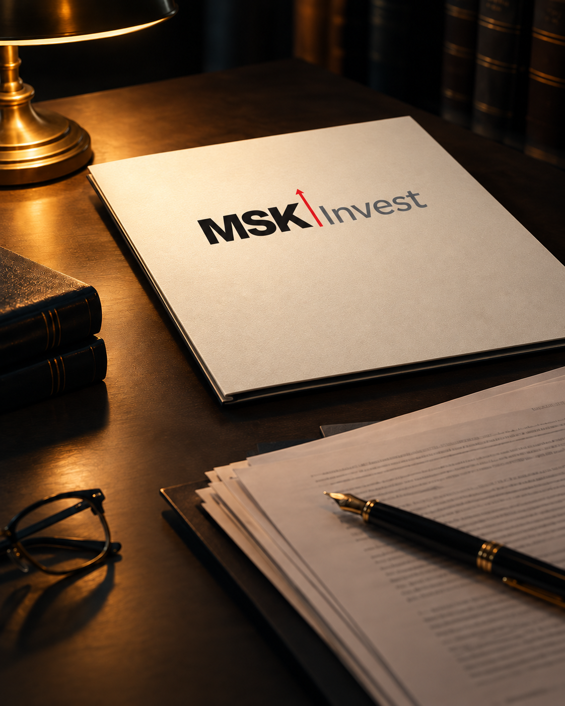 Documentos do processo de falência da MSK Invest sobre mesa de escritório