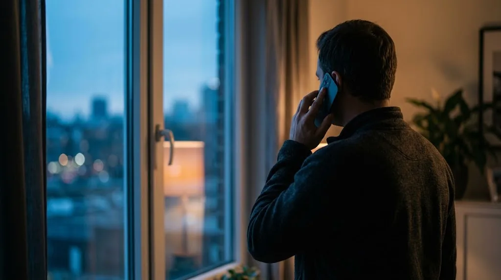 Pessoa de costas ao telefone perto da janela, ilustrando investidores que aguardam informações sobre o caso DM Soluções e Investimentos.