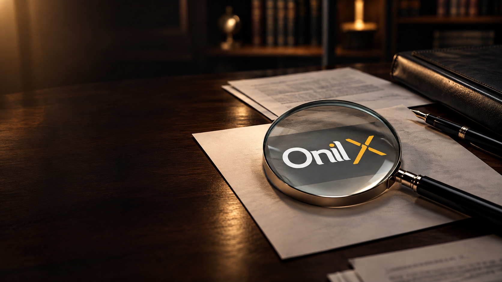 Lupa sobre documentos em mesa escura, com o logotipo OnilX ampliado na lente, ilustrando a análise do caso OnilX e da decisão da CVM