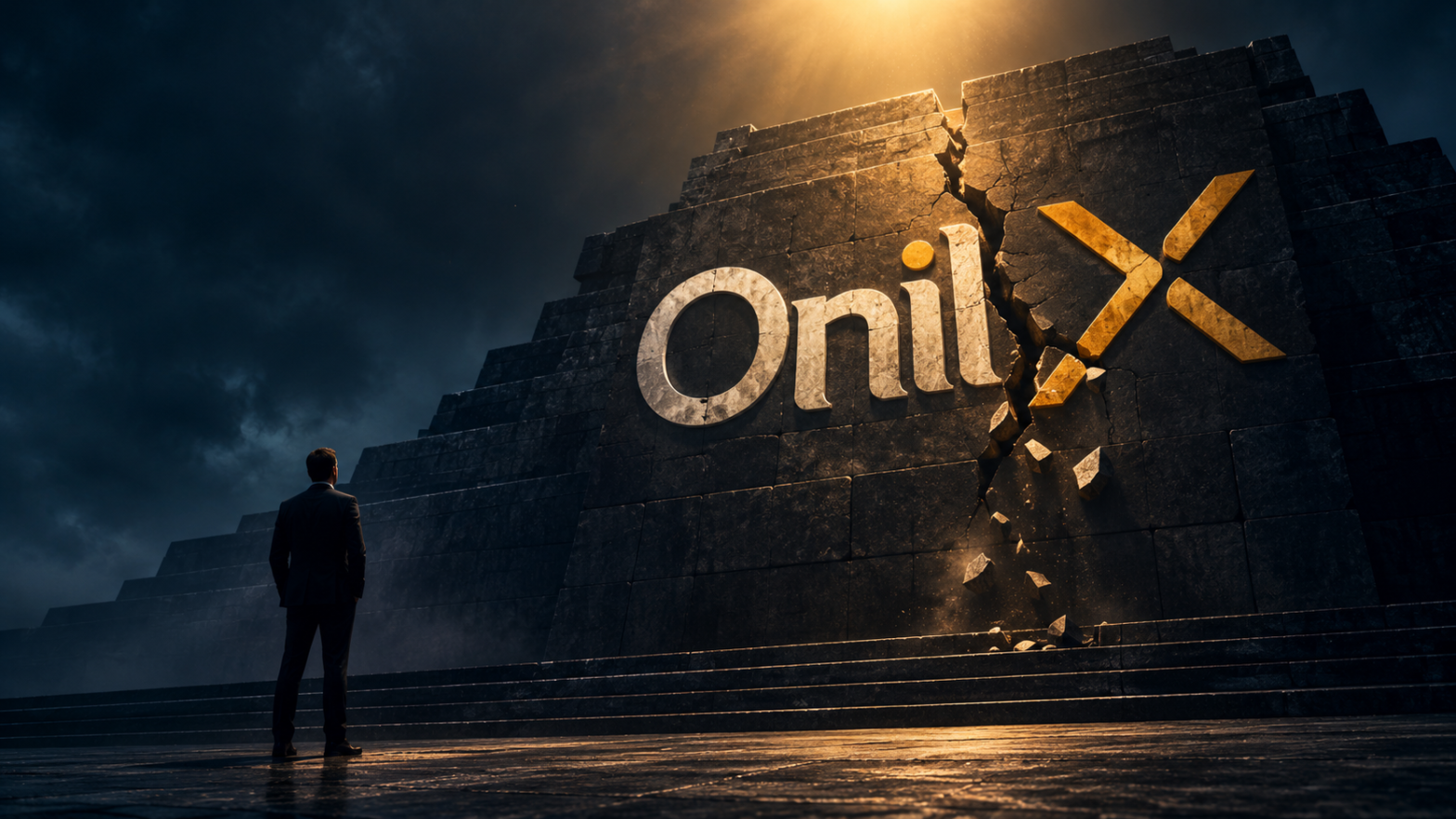 Homem de terno, de costas, diante de uma grande estrutura de pedra em degraus com a logo da OnilX rachada, ilustrando as ações de investidores contra a OnilX em Curitiba.