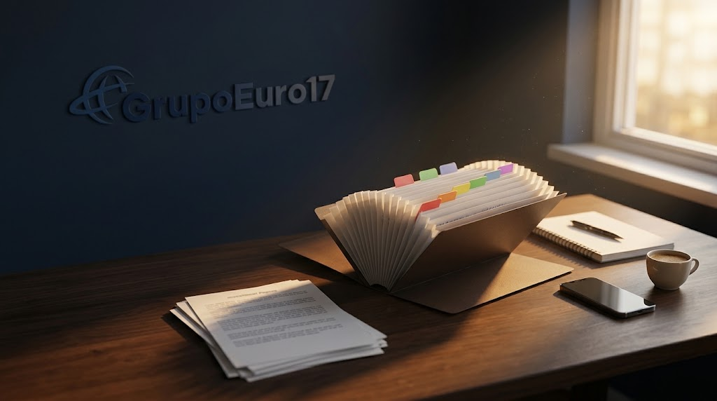 Pasta de documentos organizada por abas, papéis, caderno e caneta sobre a mesa, ilustrando como quem investiu na Euro Securitizadora pode reunir seus documentos após o pedido de recuperação judicial do Grupo Euro17.