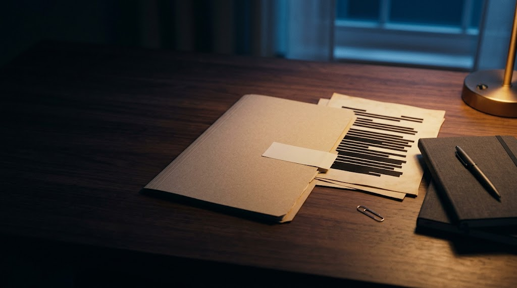 Pasta de documentos fechada e folhas com tarjas pretas sobre uma mesa à noite, ilustrando o inquérito da Polícia Federal sobre a OnilX, que corre em segredo de justiça.