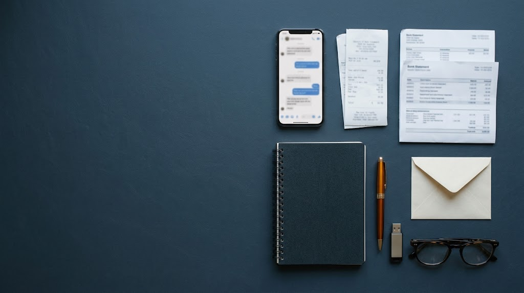 Provas organizadas sobre a mesa, com celular, comprovantes, caderno e caneta, ilustrando o que guardar quando o saque em uma plataforma de criptomoedas atrasa.