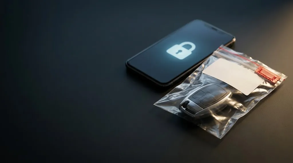 Chave de carro de luxo lacrada em saco de apreensão ao lado de um celular com cadeado na tela, ilustrando os carros apreendidos e os valores bloqueados no caso Shield Bank Securitizadora, alvo da Operação Falsa Égide.
